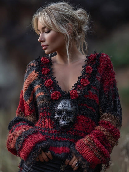 Vintage Skull & Roses Embroidered V Neck Cozy Knit Sweater