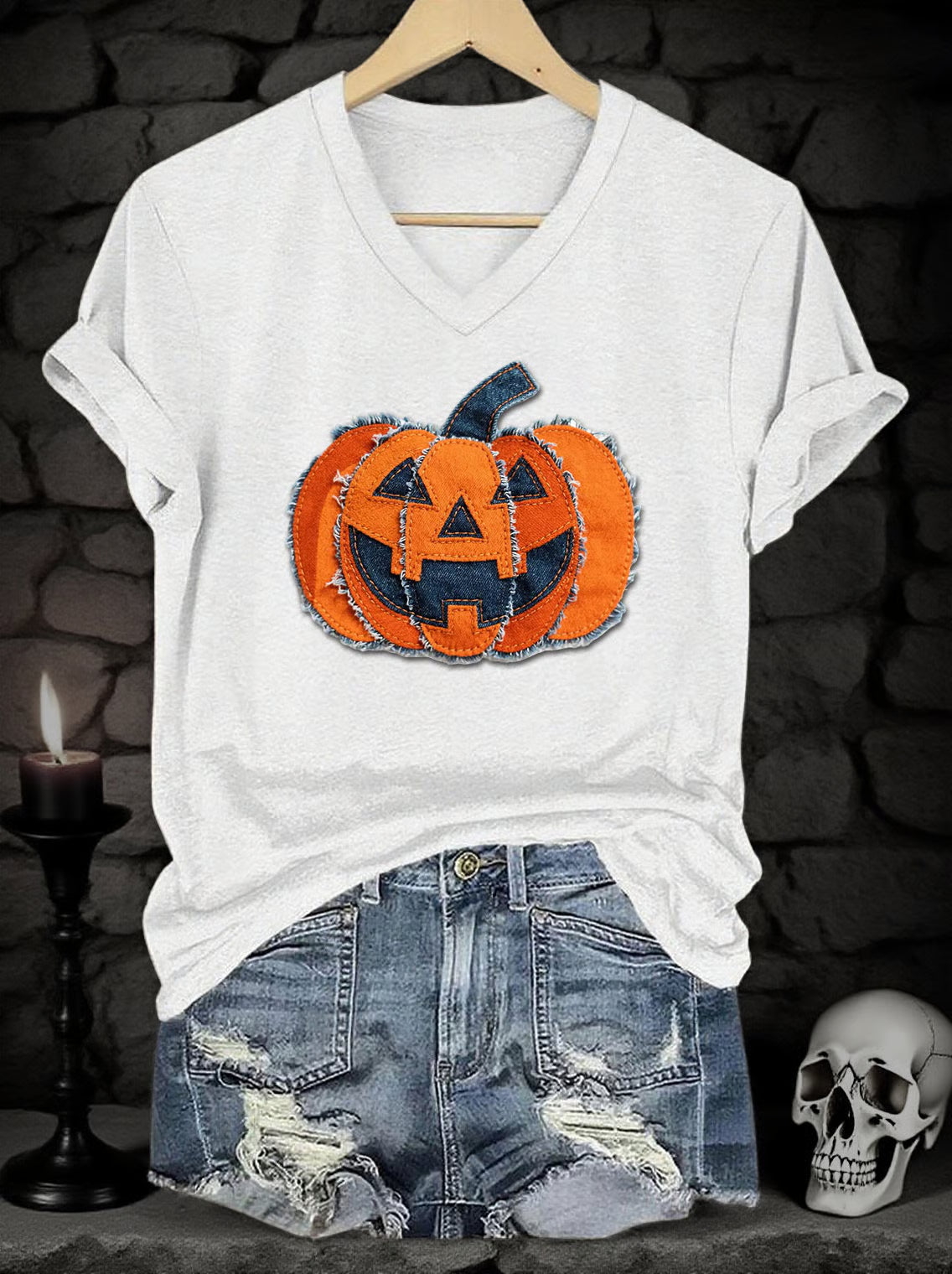 Women's Halloween Denim Patchwork Pumpkin Face Print V-Neck Short Sleeve T-Shirt