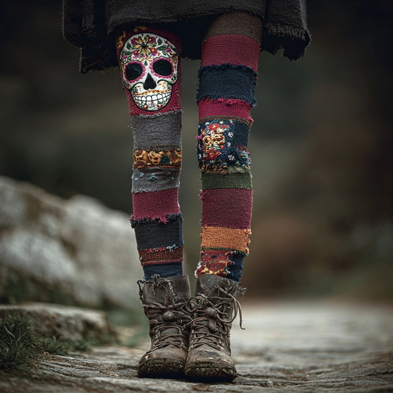 Halloween Skull Striped Patchwork Cozy Knit Leggings