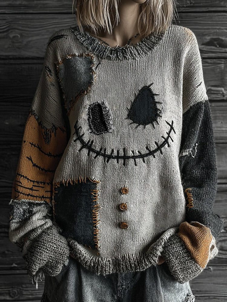 Halloween Spooky Face Contrast Stitched Cozy Knit Sweater
