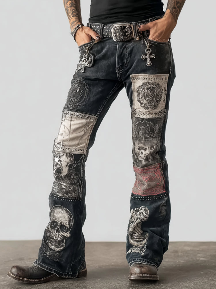Rock Punk Skull Cross Element Retro Distressed Heavy Workwear Men's Denim Long Pants