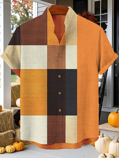 Men's Plaid Colorblock Print Short Sleeve Shirt