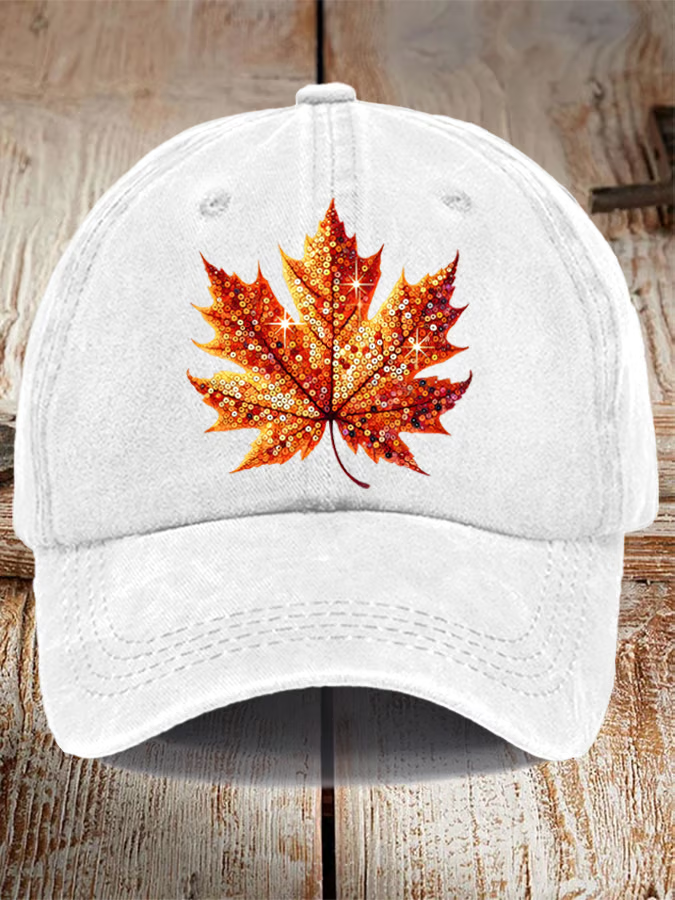 Sequined Pumpkin Maple Leaf Print Hat