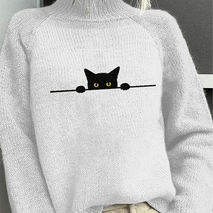 Women's Casual Funny Black Cat Print High Neck Sweater