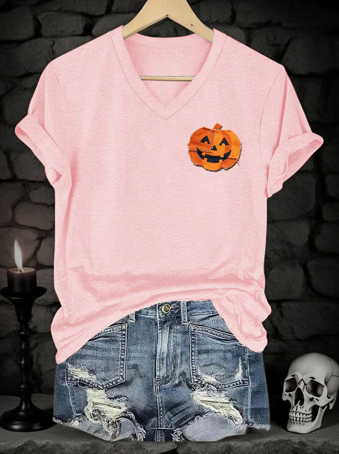 Women's Halloween Denim Patchwork Pumpkin Face Print V-Neck Short Sleeve T-Shirt