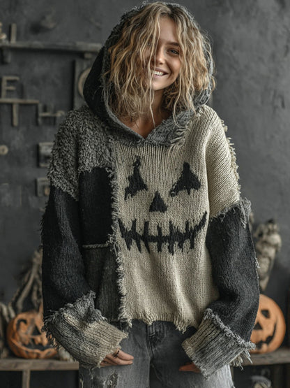 Halloween Spooky Face Contrast Stitched Hooded Cozy Knit Sweater