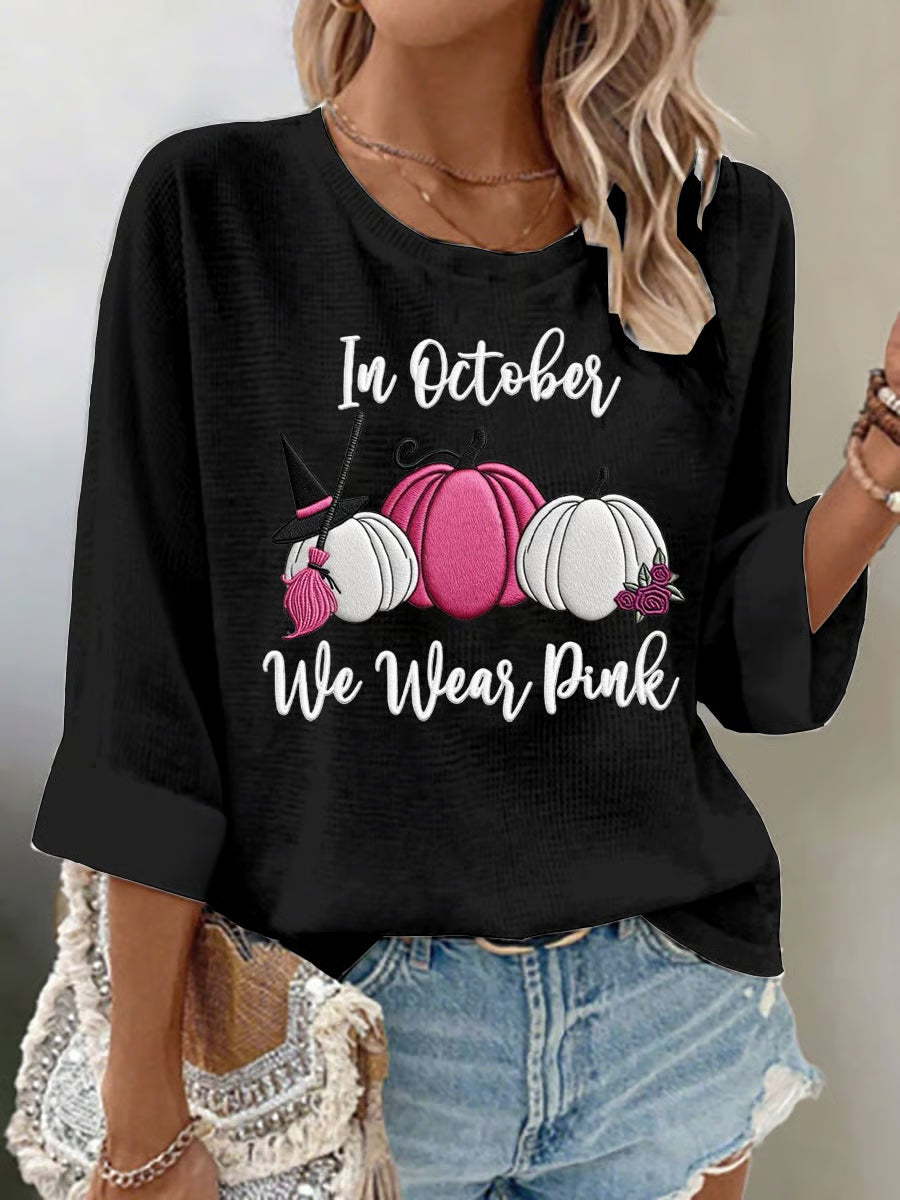 Women's casual pink pumpkin waffle long-sleeved T-shirt