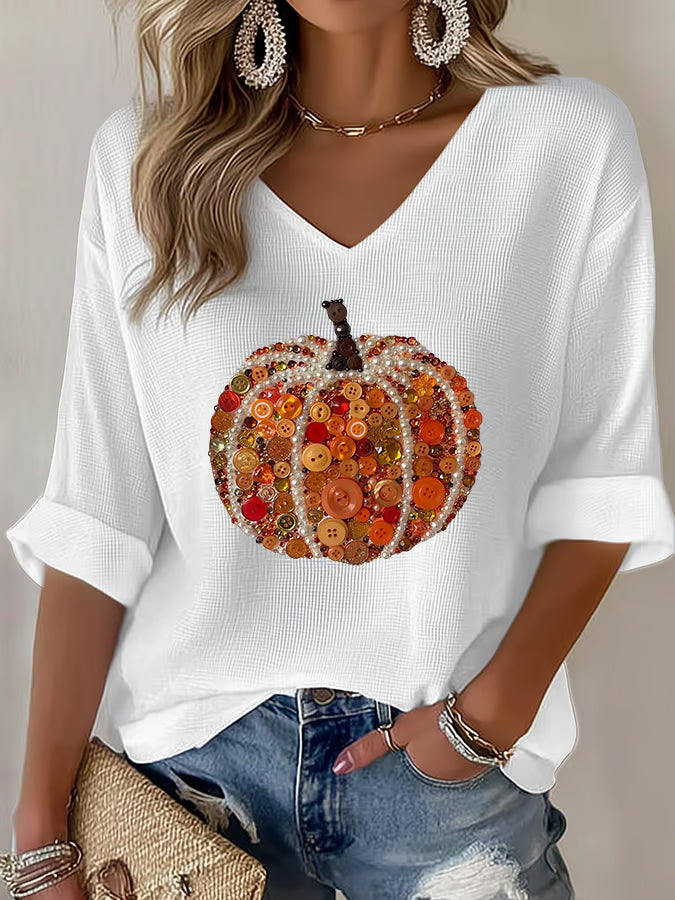 Women's Casual Autumn Pumpkin Waffle Long Sleeve T-shirt