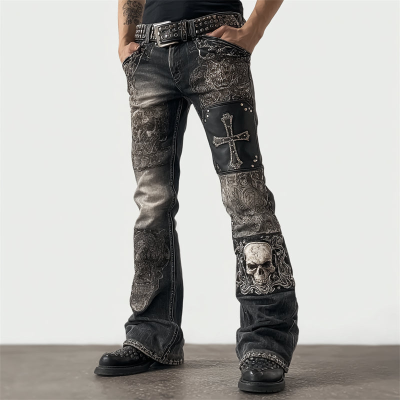 Men's Rock Skull & Cross Patch Studded Washed Bootcut Jeans