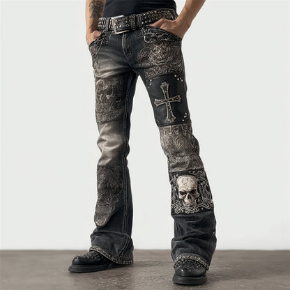 Men's Rock Skull & Cross Patch Studded Washed Bootcut Jeans