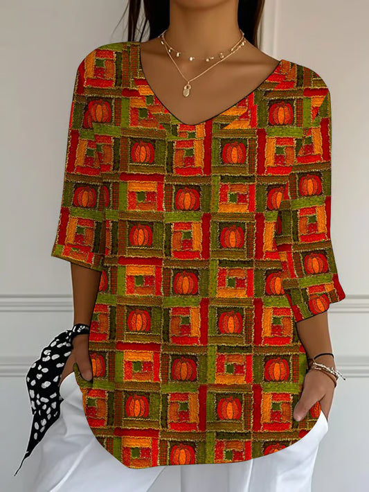 Women's Autumn Maple Leaf Pumpkin Printed T-Shirt