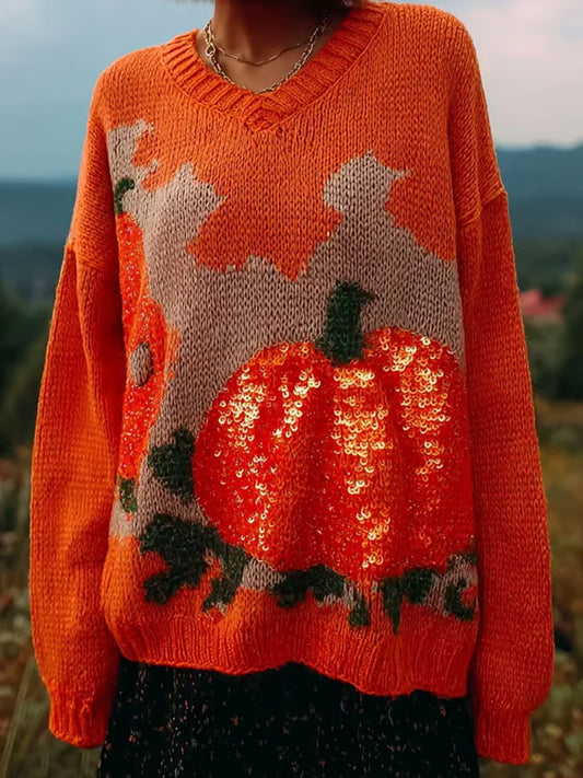 Women's Autumn Pumpkin Contrast Stitching Cozy Knit Sweater