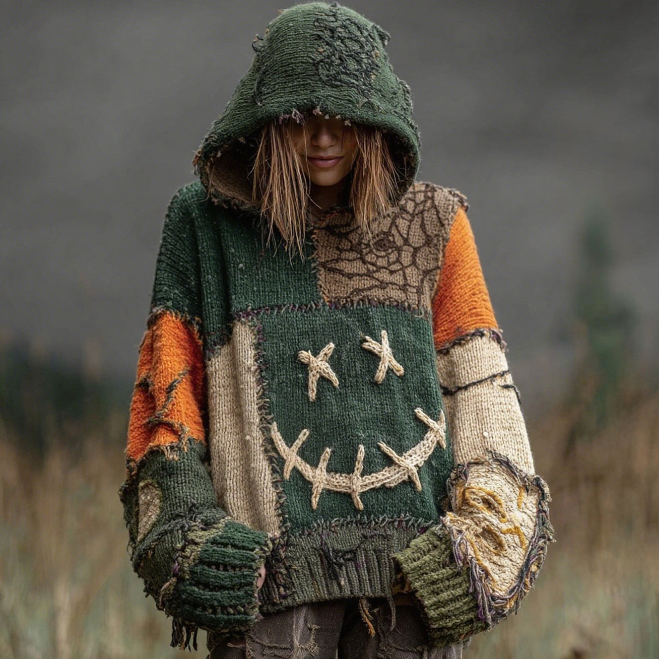 Halloween Spooky Face And Spider Web Patchwork Design Cozy Knit Hooded