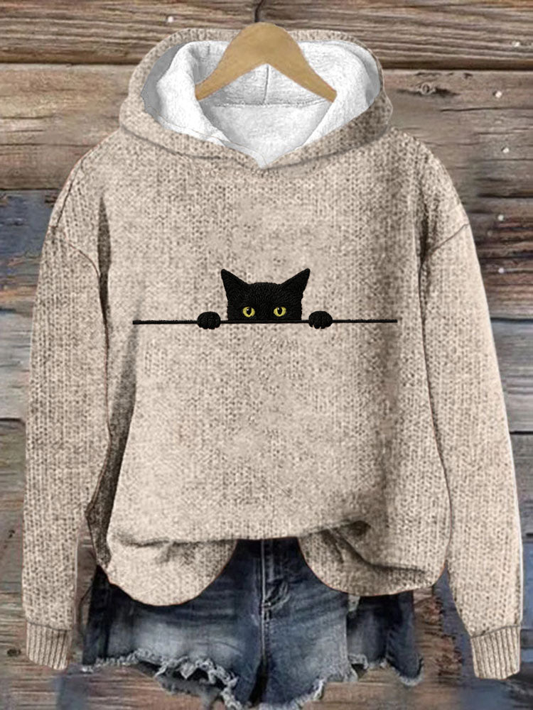 Women's Casual Funny Black Cat Print Hood Sweater
