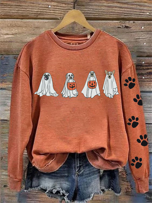Lovely Halloween Ghost Dogs Paw Prints Washed Sweatshirt
