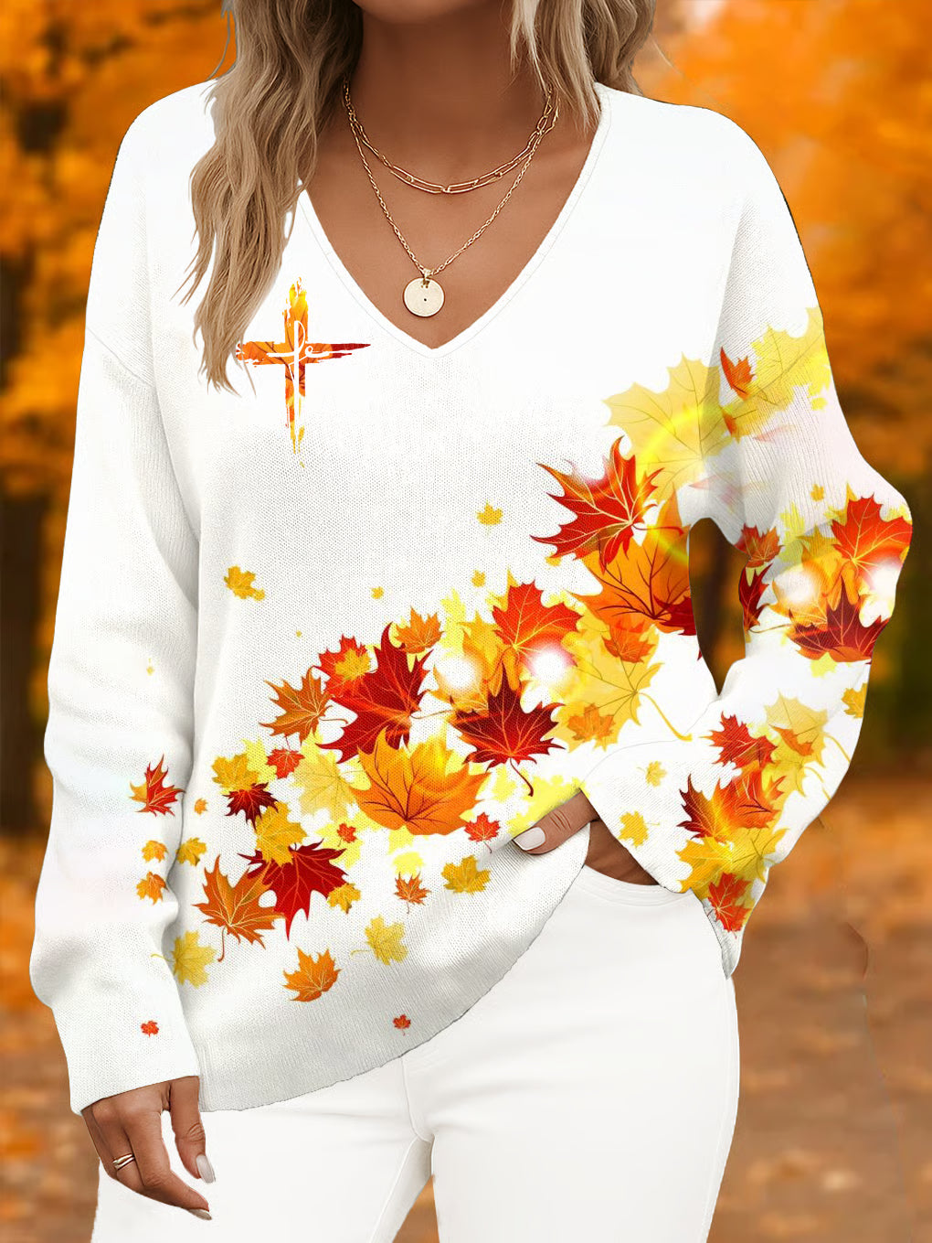Women's Faith Autumn Maple Leaf Casual Striped Top