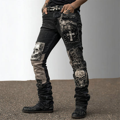 Men's Rock Style Skulls & Cross Studded Patch Stretchy Jeans