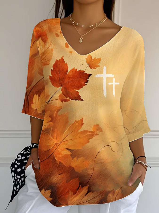 Women'S Casual Autumn Maple Leaf Cross Faith Print V-Neck T-Shirt