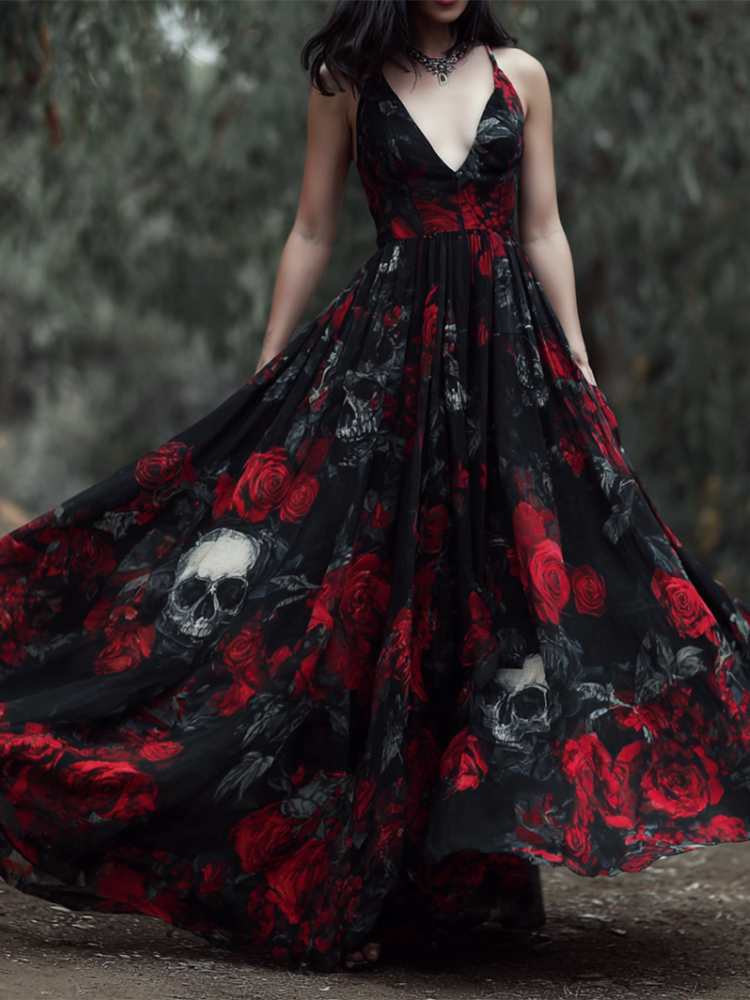 Halloween Gothic Dark Style Skeleton Element Women's V-neck Long Dress