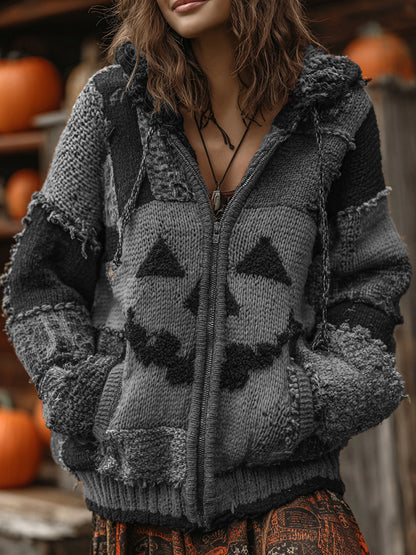 Patchwork Halloween Pumpkin Face Art  Cozy Knit Hooded Cardigan