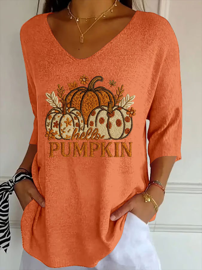 Women's Pumpkin Print Ribbed Fabric Casual V-Neck T-Shirt