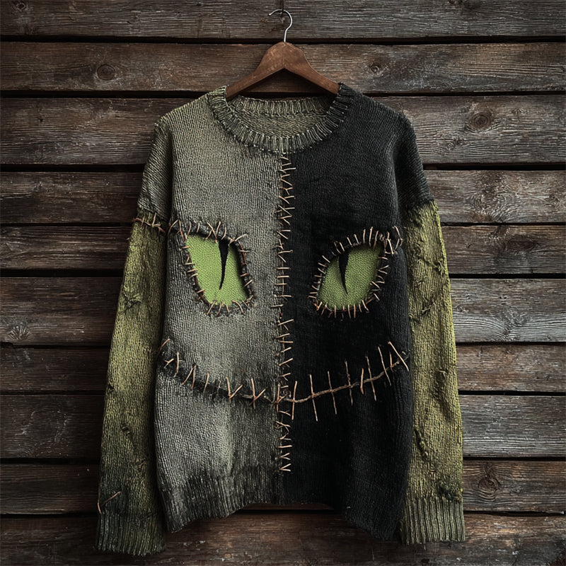 Halloween Black Cat Face Contrast Stitched Cozy Knit Sweater