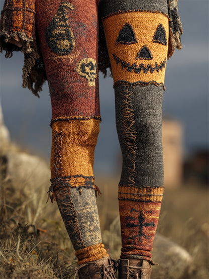 Halloween Pumpkin Face Patchwork Cozy Knit Leggings