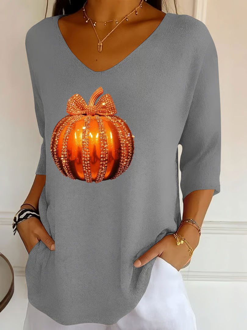 Women's Autumn Sequin Pumpkin Print V-Neck T-Shirt