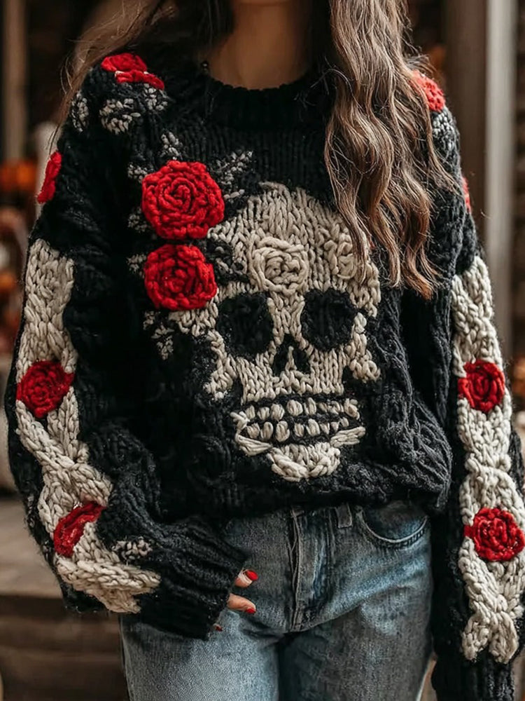 Halloween Skull And Rose Contrast Knitted Cozy Sweater