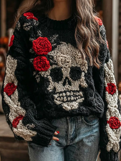 Halloween Skull And Rose Contrast Knitted Cozy Sweater