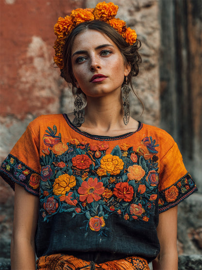 Day Of The Dead Marigolds Floral Embroidered Contrast Linen Shirt
