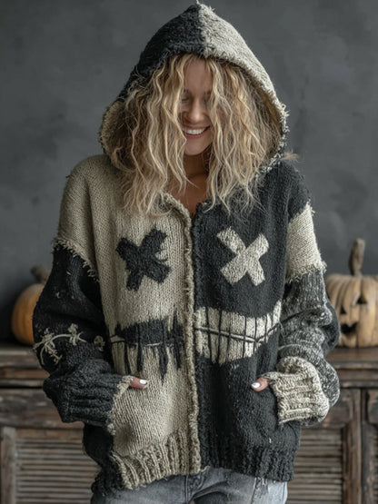 Halloween Spooky Face Patchwork Art Cozy Knit Hooded Cardigan