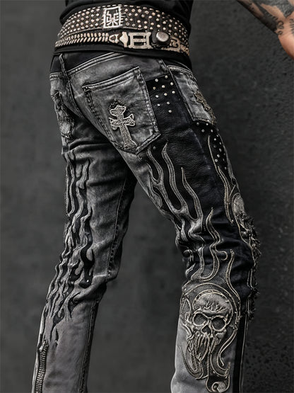 Men's Skulls Cross Flame Contrast Rock Studded Washed Jeans