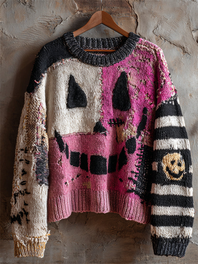 Halloween Spooky Faces Patchwork Stitched Cozy Knit Sweater