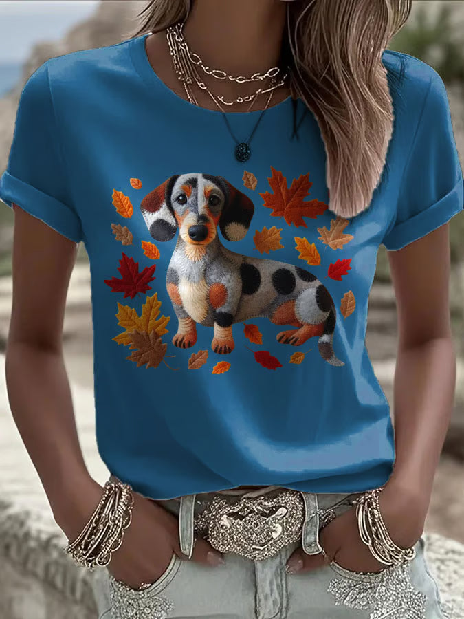 Women's Autumn Dog Print Crew Neck T-Shirt