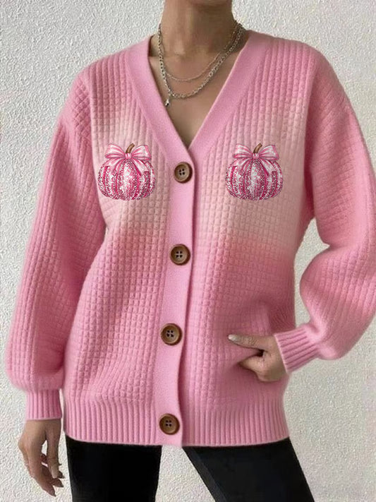 Women's Casual Square Plaid Pink Pumpkin Sweatshirt Cardigan