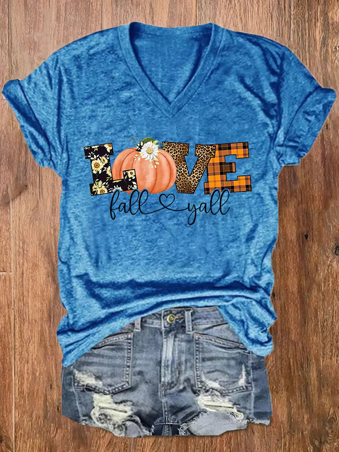 Women's Love Fall Y'all Print V-Neck Tee