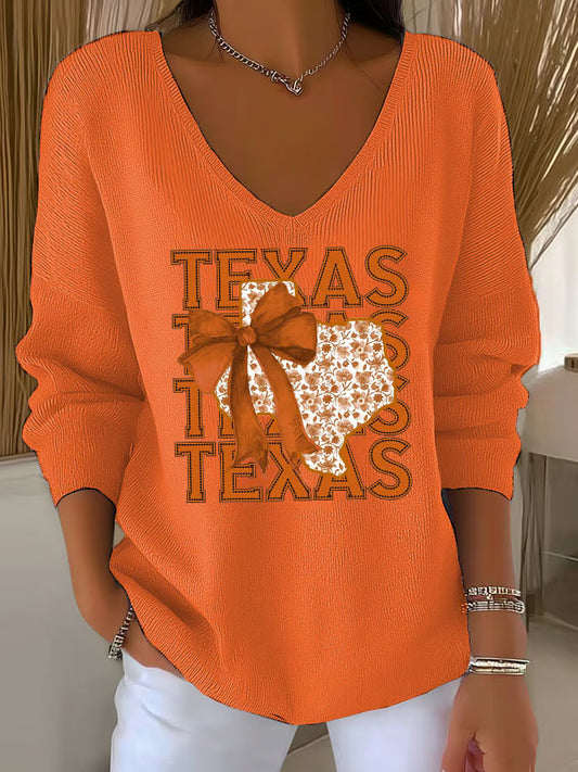 Women's Retro Burnt Orange Texas Coquette Bow Print Knitted Top