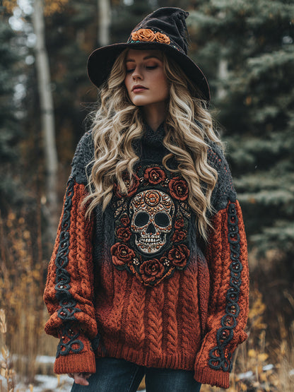 Women's Viking Tribal Jacquard Celtic With Rose And Skull Inspired Chunky Knit Hooded Sweater