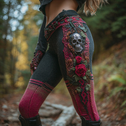 Women's Vintage Sugar Skull And Rose Pattern Comfortable Leggings
