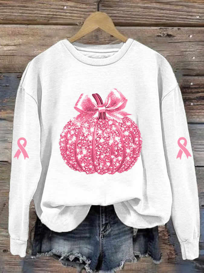 Women's Breast Cancer Sequin Pumpkin Print Crew Neck Sweatshirt