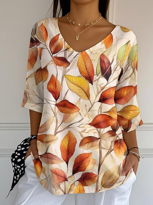 Women's Autumn Leaves Printed Casual V-Neck T-Shirt