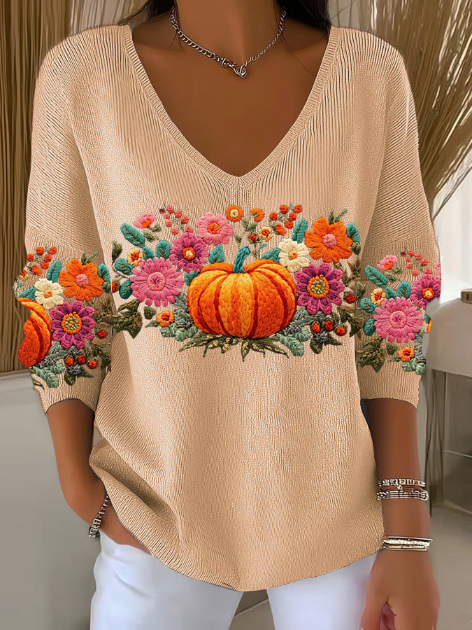 Women's  Pumpkin Print Casual Striped Fabric Long Sleeve T-shirt