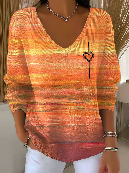 Women's Autumn Gradient Cross Print Long Sleeve Top