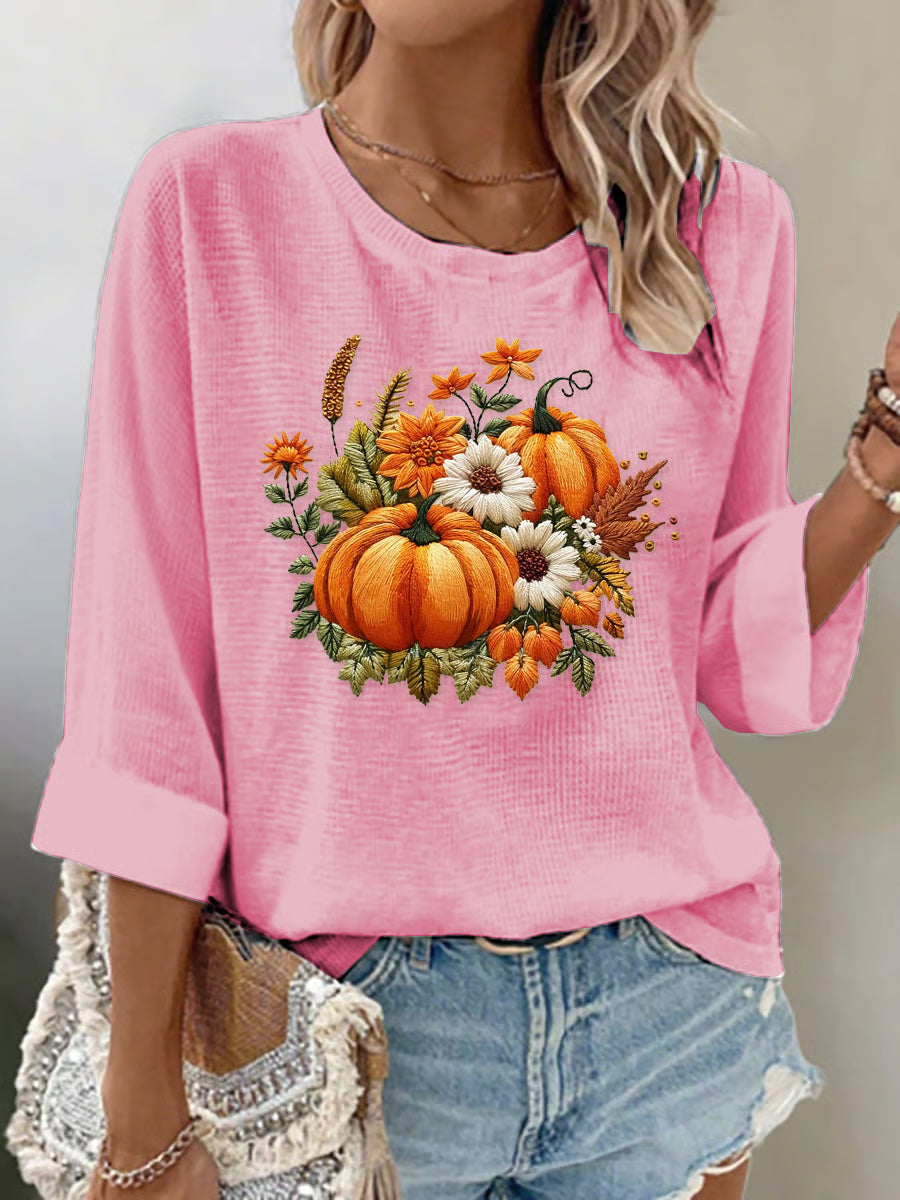 Women's Casual Autumn Pumpkin Waffle Long Sleeve T-shirt