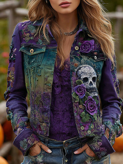 Women's Vintage Skull Rose Embroidered Gradient Denim Jacket