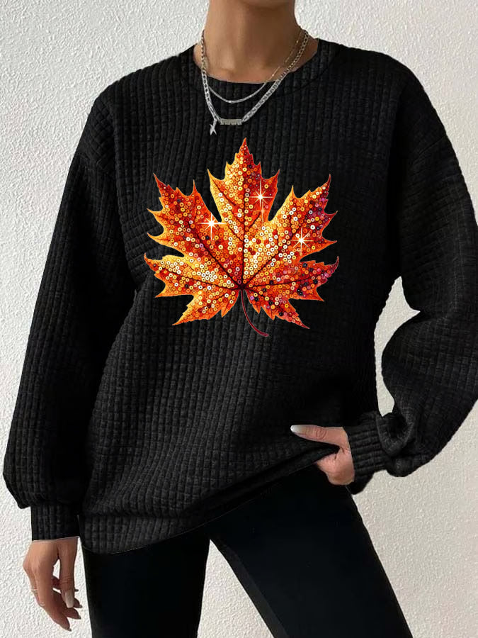 Women's Autumn Sequin Maple Leaf Print Gingham Crew Neck Sweatshirt