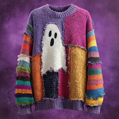 Halloween Spooky Ghost Inspired Patchwork Cozy Knitted Sweater