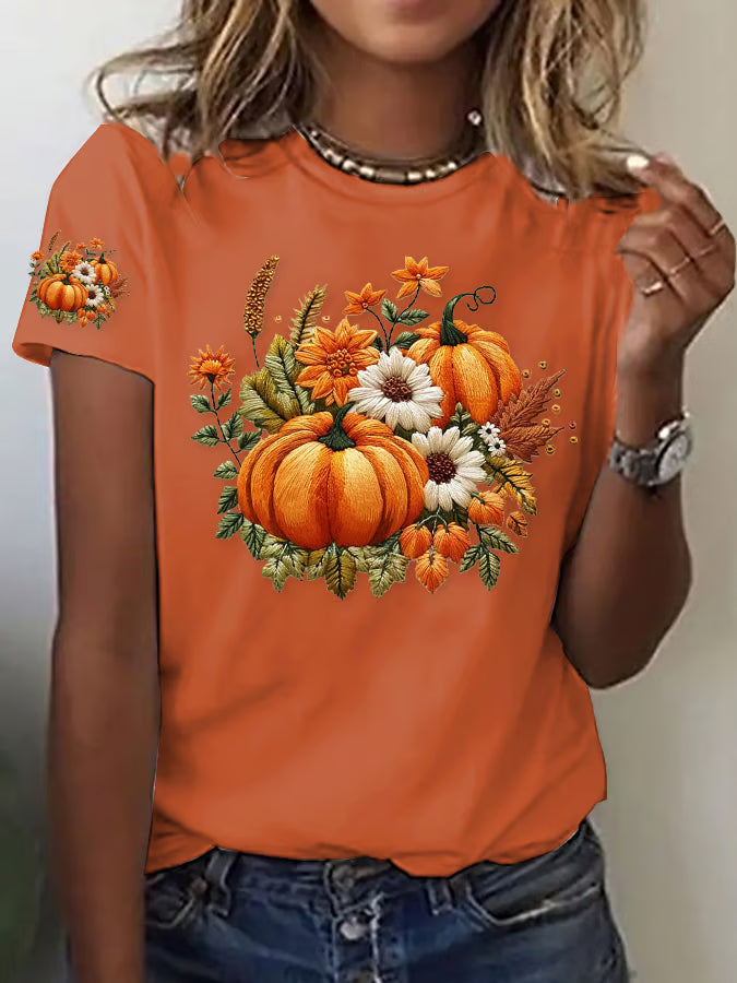 Women's Casual Autumn Pumpkin Short Sleeve T-shirt