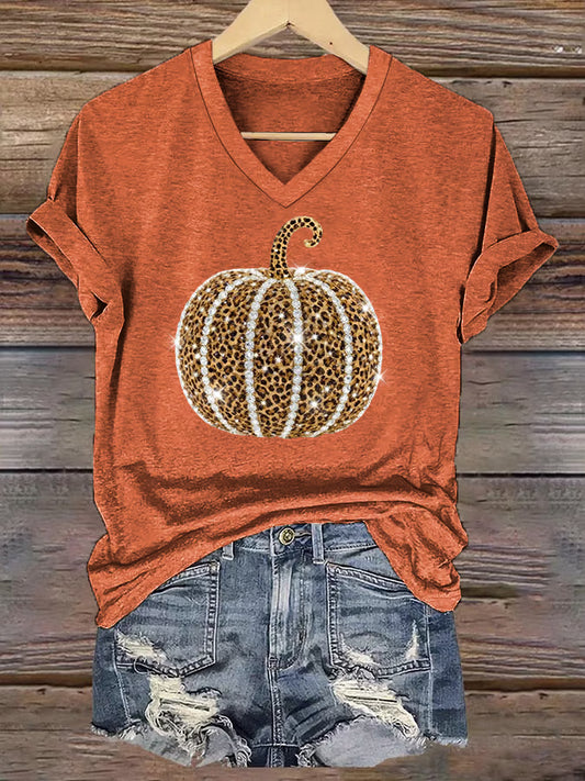 Women's Autumn Rhinestone Pumpkin Print V-Neck Short-Sleeved T-Shirt